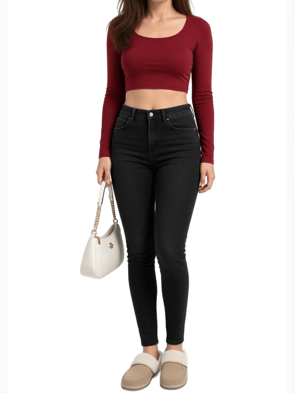 SHEIN XS Red Scoop Neck Long Sleeve Crop Top